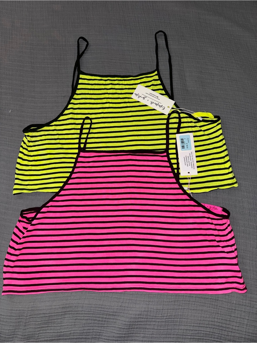Emma & Sam Neon Pink and Neon Yellow Striped Cropped Tanks - 2-Pack